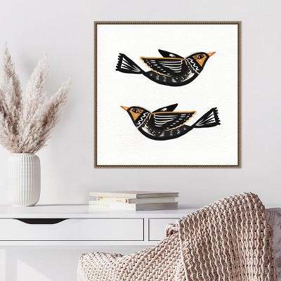 Nordic Folk Birds Abstract Canvas Wall Art with Beaded Frame