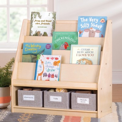 Guidecraft EdQ Book and Bin Display: Children's Wooden Bookcase with Shelves and Storage Bins for Kids' Books and Toys
