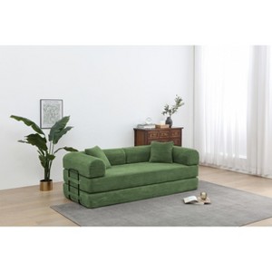 Dexmalle Olive Green Corduroy Convertible Sleeper Sofa Bed with Cylindrical Pillow - 1 of 4