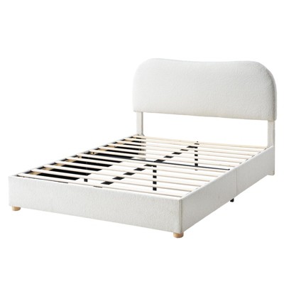 AMERLIFE Boucle Bed Frames, Upholstered Platform Bed with Curved Shaped Headboard, Cream