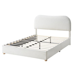 AMERLIFE Boucle Bed Frames, Upholstered Platform Bed with Curved Shaped Headboard, Cream - 1 of 4