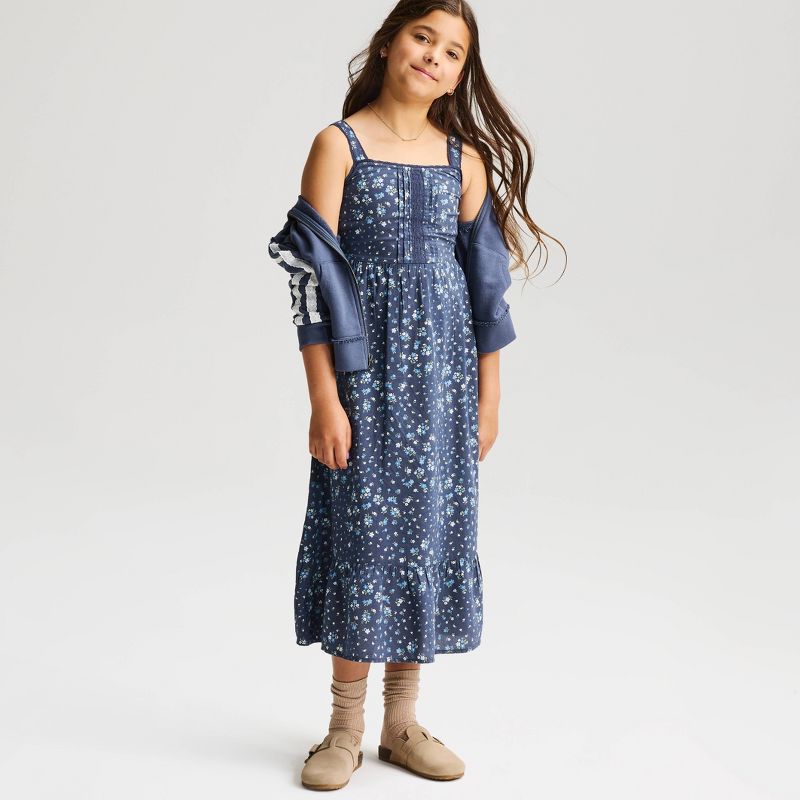 Girls' Lace Trim Floral Printed Woven Maxi Dress - Cat & Jack™ Blue XS: Cottagecore