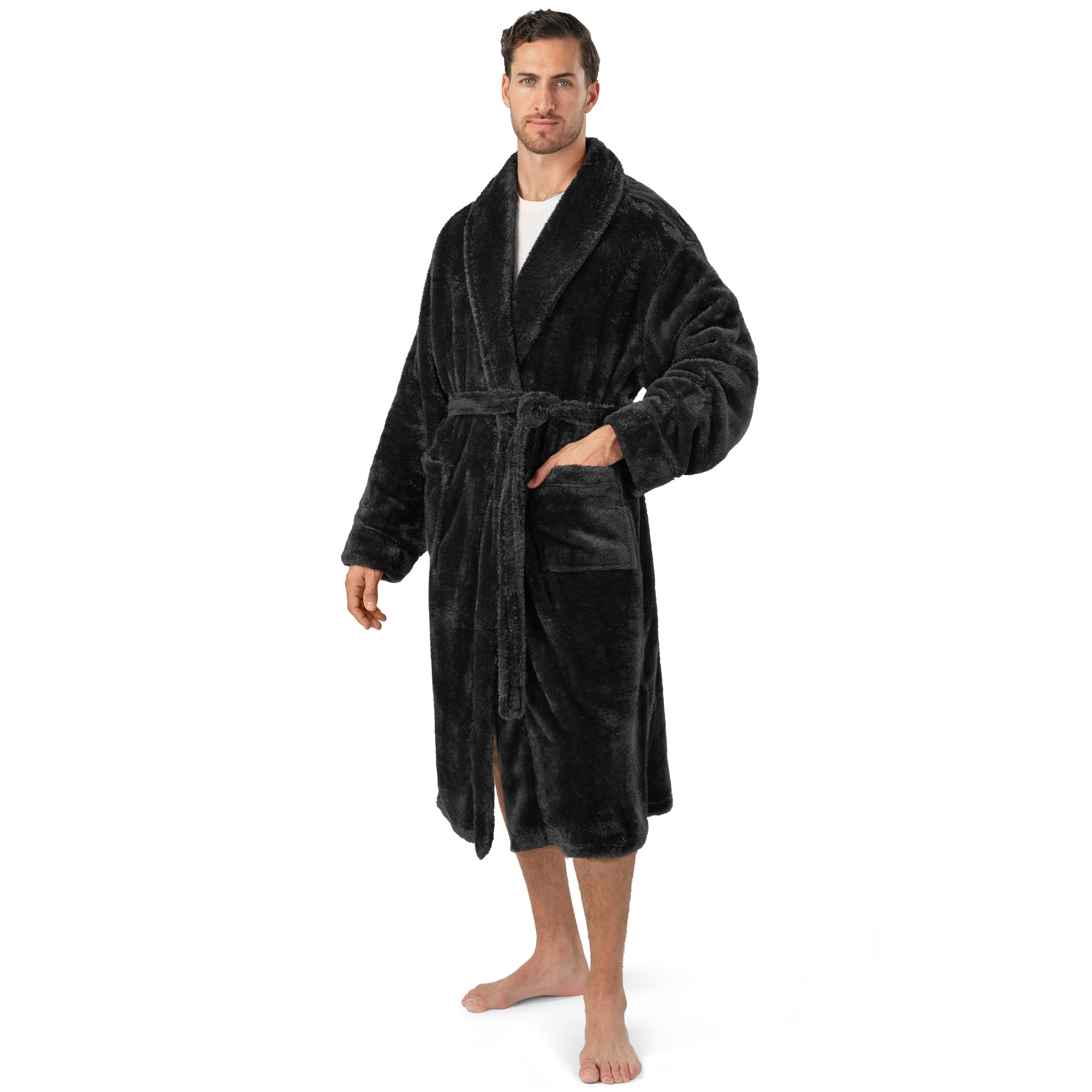 L-XL Mens Soft Robe, Plush Fluffy Fleece Bathrobe Men, Long Faux Shearling Shaggy Spa with Shawl Collar (Black, Large-X-Large), Fathers Day Gift