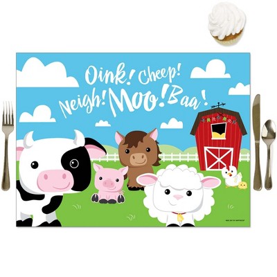 Big Dot of Happiness Farm Animals - Party Table Decorations - Barnyard Baby Shower or Birthday Party Placemats - Set of 16