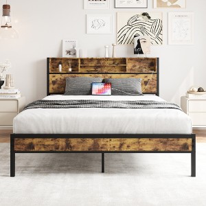 CLIHOME Brown Bed Frame with Storage Headboard, Metal Platform Bed with Charging Station, Bookcase Storage, No Box Spring Needed - 1 of 4