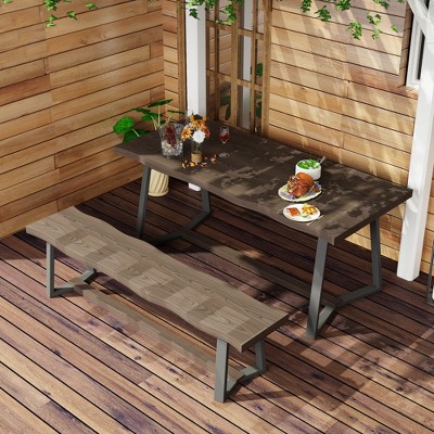 FUFU&GAGA Wooden Outdoor Table and Bench Set - Rustic Patio Table Patio Furniture with Metal Legs