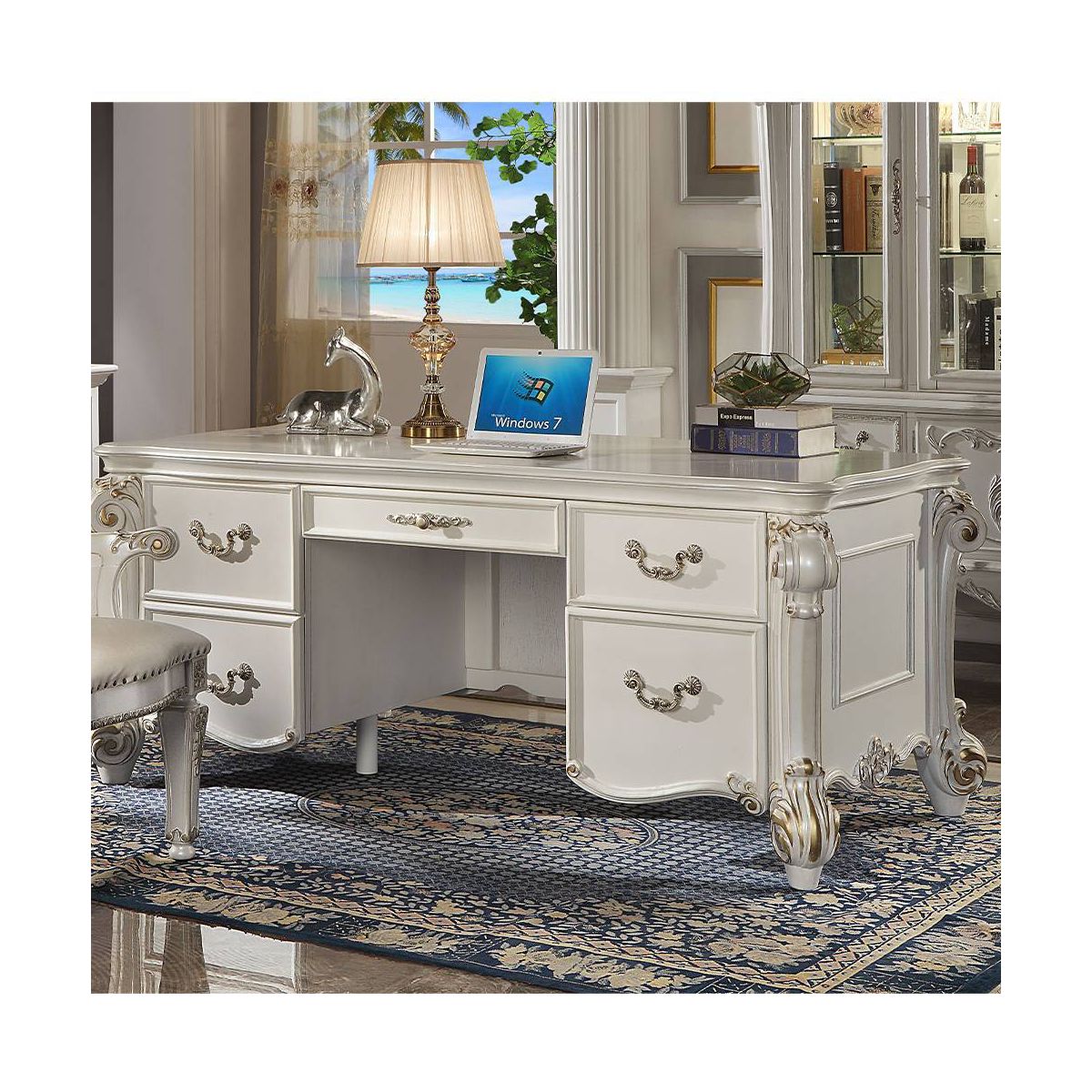 31" Vendome Desks Antique Pearl Finish - Acme Furniture: Executive Writing, Open Storage Shelf - thumbnail 9