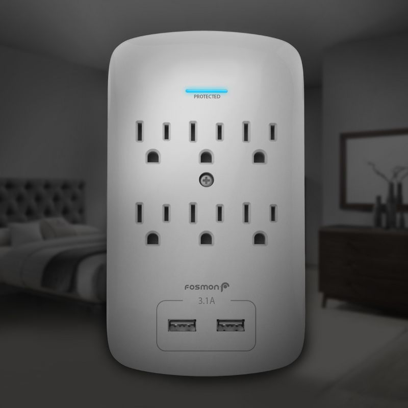 Fosmon [ETL Listed] 6-Outlet Plug Extender Wall Mount Surge Protector (1200J), with Ground Indicator and 2-Port USB (3.1A) - White, 2 of 9