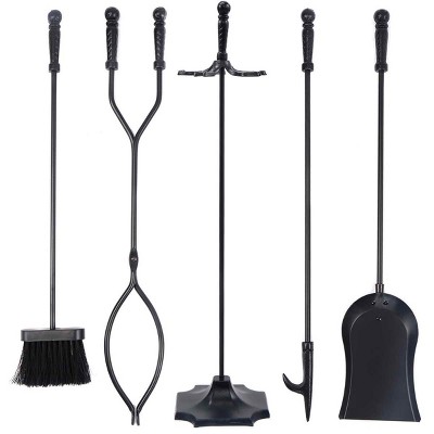 Tangkula Fireplace Tool 5 sets Pendant Tongs Fire Hook Brush Shovel Black w/ 31" Pedestal Base