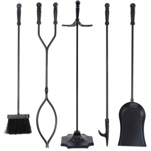 Tangkula Fireplace Tool 5 sets Pendant Tongs Fire Hook Brush Shovel Black w/ 31" Pedestal Base - 1 of 4