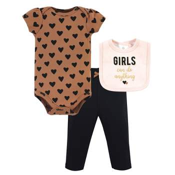 Hudson Baby Infant Girl Cotton Bodysuit, Pant and Bib Set, Cinnamon Hearts