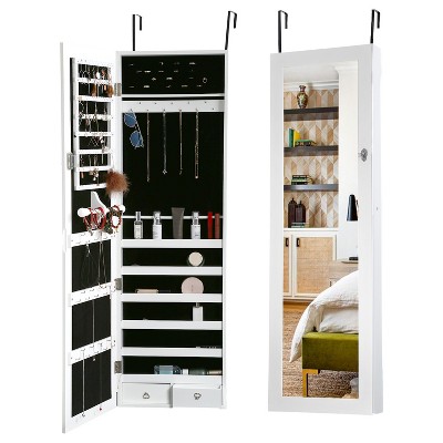 FDW Jewelry Cabinet Wall Mounted Lockable Jewelry Armoire with Mirror and Drawers