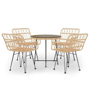 vidaXL Bistro Set Outdoor Patio Balcony Table and Chairs Rattan Look 5 Piece - Brown - 1 of 4