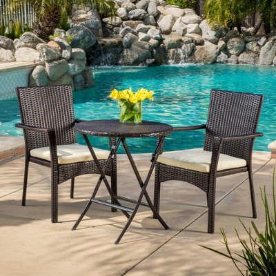 Patio Furniture Set 3 Pieces, Outdoor Rattan Armchair With Water-resistant Cushions, Foldable Coffee Table With X-shaped Base