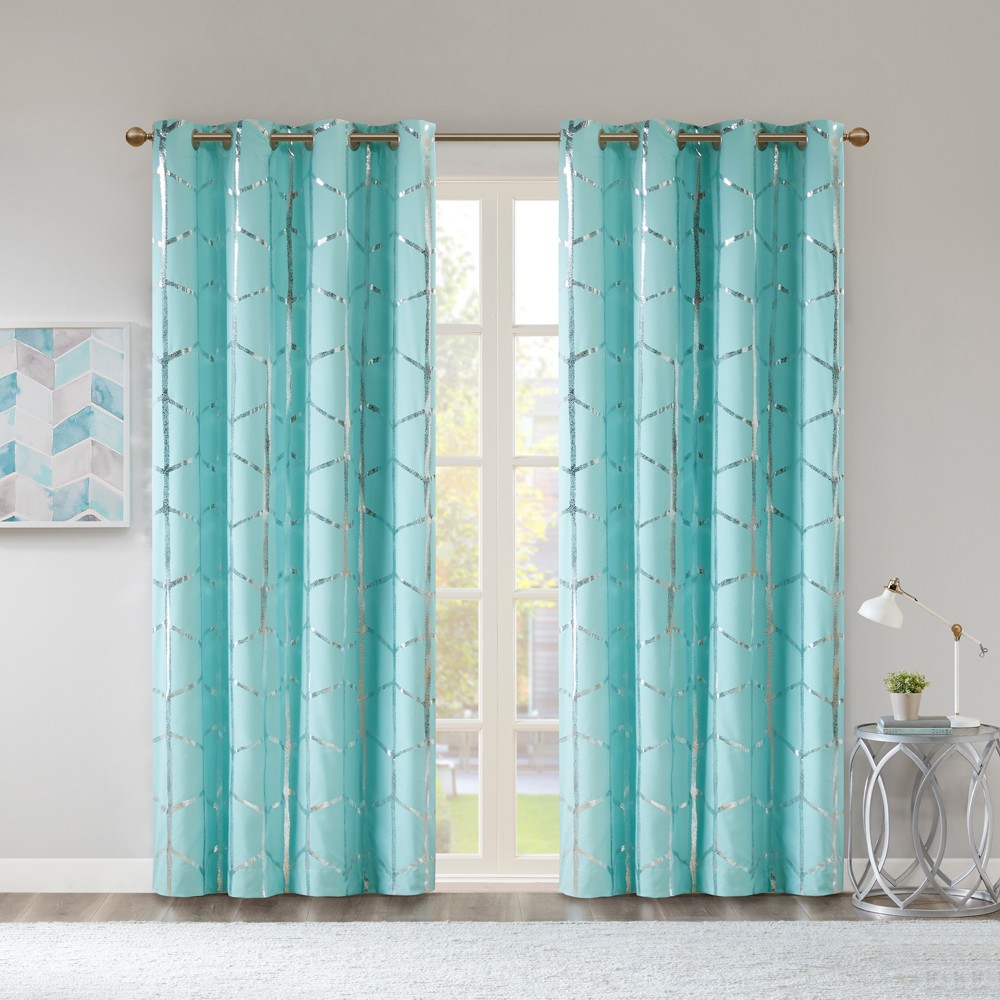 Photos - Curtain Rod / Track 84"x50" Arielle Total Blackout Metallic Printed Curtain Panel Aqua: Intelligent Design, Geometric, Energy Efficient