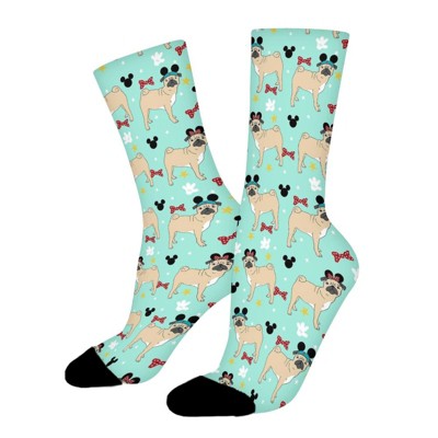 Pug Dog Mouse Ears Women Printed Crew Socks Funny Funky Socks Soft Polyester Novelty Gifts for Artists Men