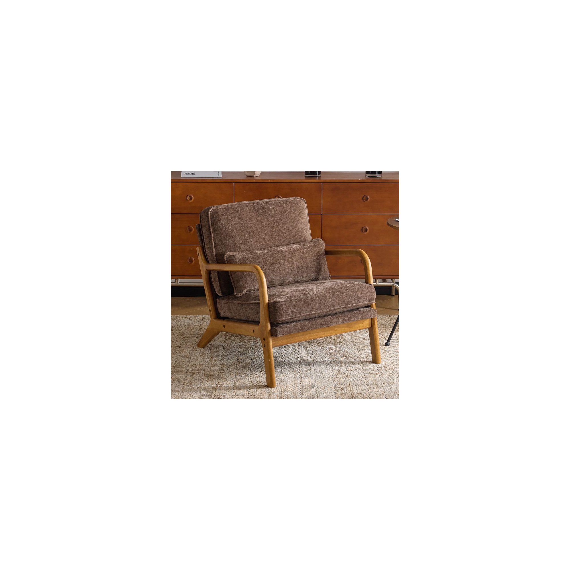 Karl Home Brown Mid Century Solid Wood Accent Chair Chenille Armchair