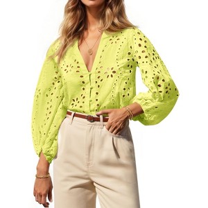 Imily Bela Women's deep V-neck hollow-out blouse, 3/4 puff sleeves, front button design, spring and autumn blouse - 1 of 4