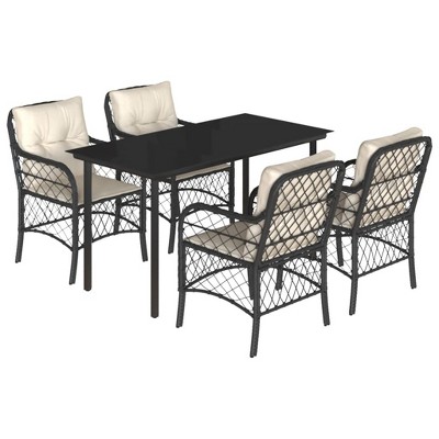 vidaXL 5 Piece Patio Dining Set - Black Poly Rattan, Cushions, Tempered Glass Table for Garden/Backyard/Patio