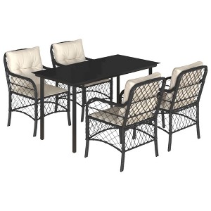 vidaXL 5 Piece Patio Dining Set - Black Poly Rattan, Cushions, Tempered Glass Table for Garden/Backyard/Patio - 1 of 4