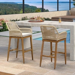 PURPLE LEAF Outdoor Rattan Bar Stools Set of 2 Modern Boho Aluminum Patio Bar Height Chair with Cushion for Garden Outdoor and Indoor - 1 of 4