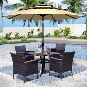 Captiva Designs 6pc Patio Slat-top Black Dining Table & Crescent Arm Rattan Chairs & Market Umbrella - 1 of 4
