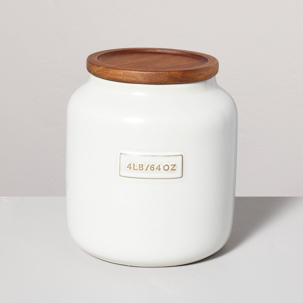 Photos - Food Container 64oz Dry Goods Stoneware Canister with Wood Lid Cream/Brown - Hearth & Han