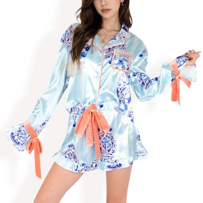 Anna-Kaci Lounge Women's Porcelain Print Satin Pajama Set with Contrast Trim and Tie Details- Blue,Small