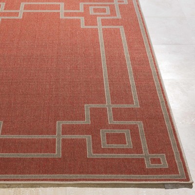Rust Red and Beige Square Olefin Outdoor Rug 7'3"