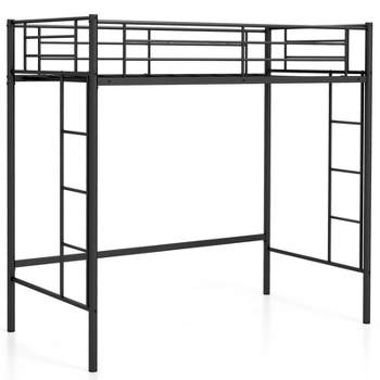 Costway Twin Size Loft Bed Heavy Duty Metal Loft Bed Frame with Safety Guardrail Silver/White/Black