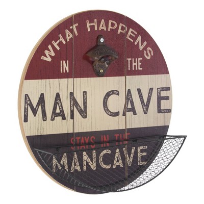 What Happens in The Man Cave Bottle Opener and Cap Catcher Red/Black/White - Crystal Art Gallery