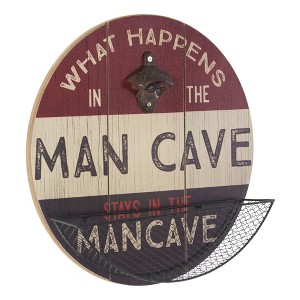 What Happens in The Man Cave Bottle Opener and Cap Catcher: Vintage Wall Decor for Bar, Garage - American Art Decor - 1 of 4