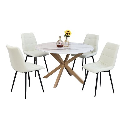 Hybition 47.2" Round Dining Table Set, Modern Kitchen Table for 4-6 Person, Steel Legs(1 Table 4 Chairs)