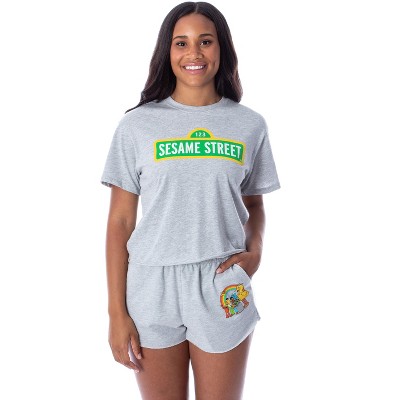 Seven Times Six Sesame Street Women's Street Sign Shirt and Shorts 2 Piece Loungewear Set Grey