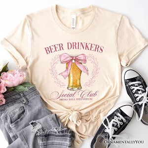 Beer Drinkers Social Club T-Shirt, Coquette Pink Bow Tee for Girly Summer Bachelorette Vibes| OrnamentallyYou - 1 of 4