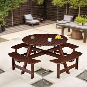 PAGED Outdoor Dining Set Wood Round Patio Dining Set with Built-in Benches, Umbrella Hole for Lawn, Patio, Garden - 1 of 4