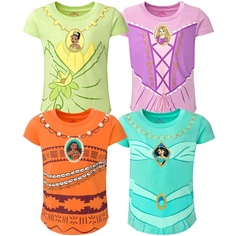 Disney Princess Ariel Moana Jasmine Belle Cinderella Aurora Tiana Girls 4 Pack Graphic T-Shirts Toddler to Big Kid, 1 of 10