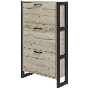 Munora 3-Tier Flip Drawer Shoe Storage Cabinet, Narrow Entryway Organizer with Adjustable Shelves, Walnut & Black - 1 of 4