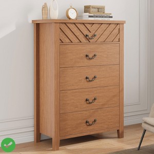 5 Drawer Dresser for Bedroom Brown 5 Chest of Drawers Nightstand w/Elegant V Shape Design Wooden Dresser Organizer - 1 of 4