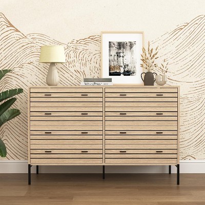 CIPACHO 8 Drawer Bedroom Dresser Wide Chest of Drawers with Metal Legs and Carved Lines Wooden Dresser Bedroom Storage Furniture for Living Room