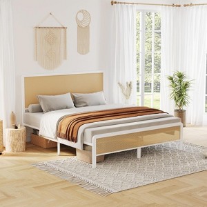 Jojoka Rattan Bed Frame with Headboard, Modern Style Cane Boho Bed Frame with Heavy Duty Sturdy Steel Slat Support, No Box Spring Needed - 1 of 4