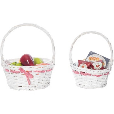 Vintiquewise White Willow Bowl Baskets Red Gingham Bow with Handle, Set of 2