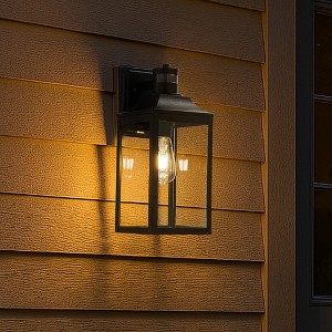 ALOADECOR 1 Light H16 in. Farmhouse Outdoor Wall Lantern with Motion Sensor in Matte Black Modern Wall Sconce with Clear Glass for Courtyard - 1 of 4