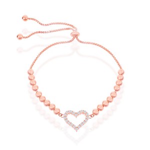 Bella Silver Sterling Silver, CZ Heart Beaded Adjustable Bolo Bracelet - Rose Gold Plated - Rose - 10 Inch - 1 of 2