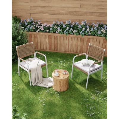 Patio Wicker Chairs Set of 2, Balcony Rattan Chairs with Metal Frame & Square Pattern Design for Outdoor, Lawn, Deck, Porch, Balcony, Backyard