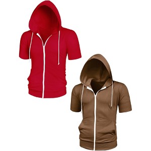Lars Amadeus Men's Solid Full Zip Short Sleeves Hooded Sweatshirt 2 Packs - 1 of 4