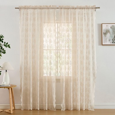 HLC.ME Jolene Floral Soft Decorative Lace Semi Sheer Light Filtering Rod Pocket Window Curtain Panels - Set of 2