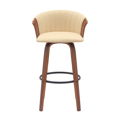 HomeRoots 30" Cream And Wood Brown Faux Leather Swivel Bar Height Bar Chair