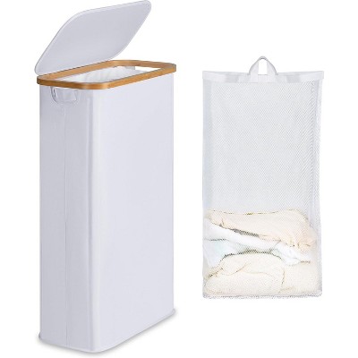 Laundry Basket with Lid, Narrow Laundry Hamper with Removable Bag, Skinny Dirty Clothes Basket with Bamboo Handles