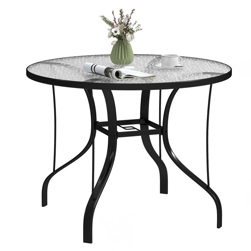 38" Black Round Patio Table with Tempered Glass Top and Umbrella Hole